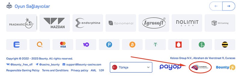 Kumarhane lisansı genellikle sitenin altbilgisinde belirtilir